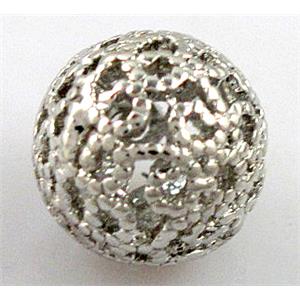 Hollow Alloy bead, round, platinum plated, 10mm dia [FDFR043]