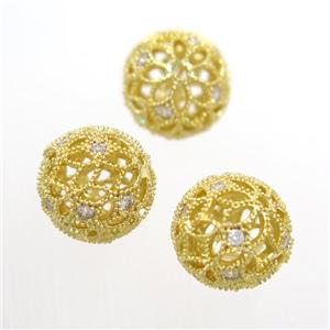 Hollow Alloy bead pave Zircon, round, gold plated, approx 14mm dia [FDFR044-14MM]