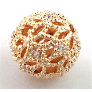 Hollow Alloy bead pave Zircon, round, lt.gold plated, approx 14mm dia [FDFR045-14MM]