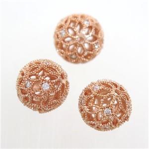 Hollow Alloy bead pave Zircon, round, rose gold, approx 14mm dia [FDFR046-14MM]