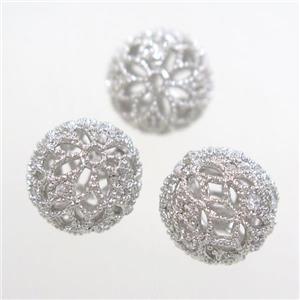Hollow alloy bead pave Zircon, round, platinum plated, 12mm dia [FDFR047-12MM]