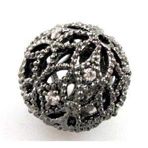 Hollow Alloy bead pave Zircon, round, black plated, 12mm dia [FDFR048-12MM]