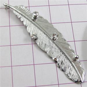 feather Pendants, copper, platinum plated, nickel free, 12x52mm, with Rhinestone [FDJZC833]