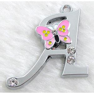 Alphabet bead pendants, A-letter, enamel butterfly, rhinestone, 30x30mm, Platinum plated [FDLTMH55]