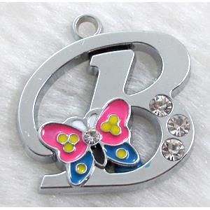 Alphabet pendants, B-letter, enamel butterfly, rhinestone, 30x30mm, Platinum plated [FDLTMH56]