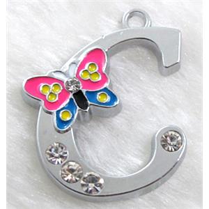 Alphabet bead pendants, C-letter, enamel butterfly, rhinestone, 30x30mm, Platinum plated [FDLTMH57]