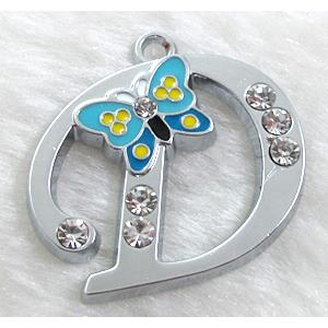 Alphabet pendants, D-letter, enamel butterfly, rhinestone, 30x30mm, Platinum plated [FDLTMH58]
