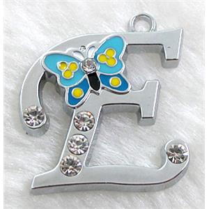 Alphabet pendants, E-letter, enamel butterfly, rhinestone, 30x30mm, Platinum plated [FDLTMH59]