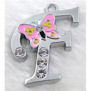 Alphabet charm pendants, F-letter, enamel butterfly, rhinestone, 30x30mm, Platinum plated [FDLTMH60]