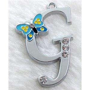 Alphabet bead pendants, G-letter, enamel butterfly, rhinestone, 30x42mm, Platinum plated [FDLTMH61]