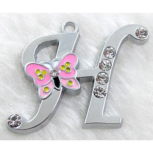 Alphabet pendants, H-letter, enamel butterfly, rhinestone, 40x30mm, Platinum plated [FDLTMH62]