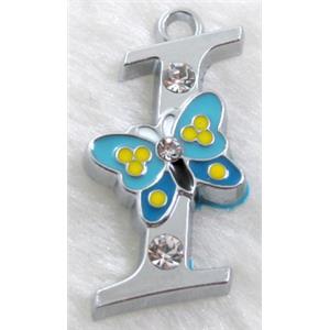 Alphabet pendants, I-letter, enamel butterfly, rhinestone, 20x30mm, Platinum plated [FDLTMH63]