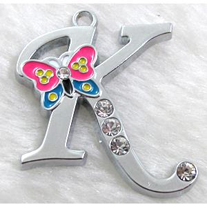 Alphabet bead pendants, K-letter, enamel butterfly, rhinestone, 30x30mm, Platinum plated [FDLTMH65]