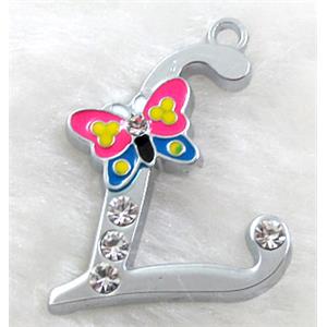 Alphabet pendants, L-letter, enamel butterfly, rhinestone, 30x30mm, Platinum plated [FDLTMH66]