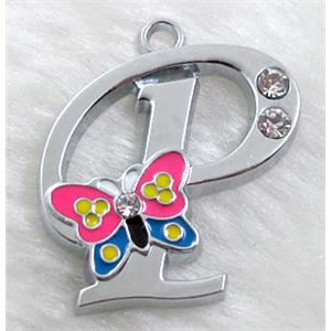 Alphabet bead pendants, P-letter, enamel butterfly, rhinestone, 30x30mm, Platinum plated [FDLTMH70]