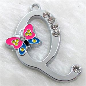 Alphabet bead pendants, Q-letter, enamel butterfly, rhinestone, 30x40mm, Platinum plated [FDLTMH71]