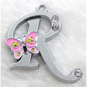 Alphabet pendants, R-letter, enamel butterfly, rhinestone, 35x35mm, Platinum plated [FDLTMH72]