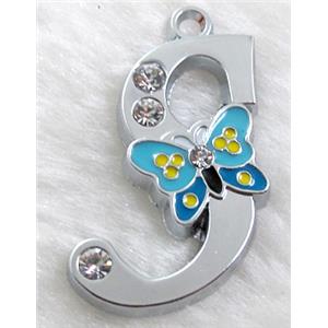 Alphabet pendants, S-letter, enamel butterfly, rhinestone, 30x30mm, Platinum plated [FDLTMH73]