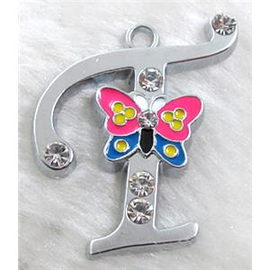 Alphabet bead pendants, T-letter, enamel butterfly, rhinestone, 30x30mm, Platinum plated [FDLTMH74]