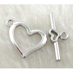 Toggle Clasp, alloy, platinum plated, heart, Lead Free, Nickel Free, 18x16mm, stick: 22mm length, Alloy [FDNF18PP]