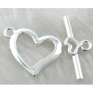 Toggle Clasp, alloy, silver plated, heart, Lead Free, Nickel Free, 18x16mm, stick: 22mm length, Alloy [FDNF19SP]