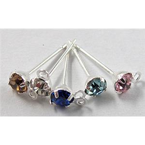 Silver Plated Copper Earring Pin, Nickel Free, mix color rhinestone, 4mm dia, 15mm length, hole:1mm [FDNN038MIX]