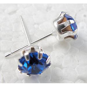 Silver Plated Copper Earring Pin, blue Rhinestone, Nickel Free, 6mm dia, 16.5mm length [FDNN039C02]