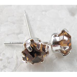 Silver Plated Copper Earring Pin, Coffee Rhinestone, Nickel Free, 6mm dia, 16.5mm length [FDNN039C03]