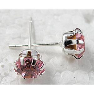 Silver Plated Copper Earring Pin, pink Rhinestone, Nickel Free, 6mm dia, 16.5mm length [FDNN039C04]
