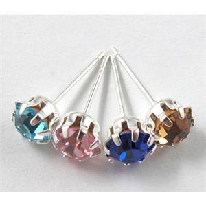 Silver Plated Copper Earring Pin, Rhinestone, Nickel Free, mix color, 6mm dia, 16.5mm length [FDNN039MIX]