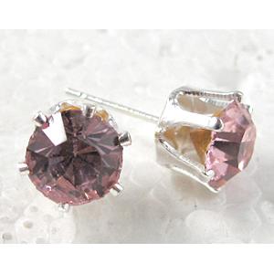 Silver Plated Copper Earring Pin, Pink Rhinestone, Nickel Free, 8mm dia, 18mm length [FDNN040C04-8MM]