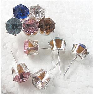 Silver Plated Copper Earring Pin, Rhinestone, Nickel Free, mix color, 8mm dia, 18mm length [FDNN040MIX-8MM]