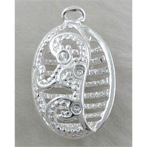 copper pendants, oval, hollow, Silver plated, 15x25mm [FDOT11SP]