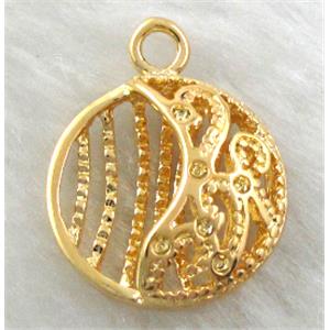 copper pendants, flat-round, hollow, Golden plated, 18mm dia [FDOT12GP]