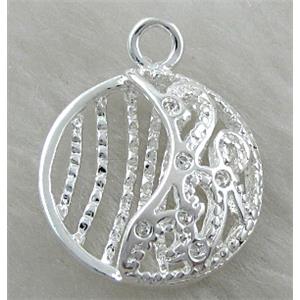 hollow pendants, copper, flat-round, Silver plated, 18mm dia [FDOT12SP]