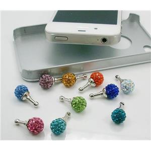 Earphone Jack Dust Cap Plug with Rhinestone, mixed, 10mm dia [FDPA19-10MM]