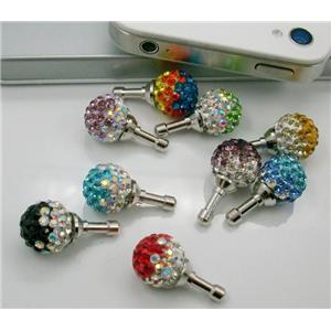 Earphone Jack Dust Cap Plug with Rhinestone, mixed, 14mm dia [FDPA21-14MM]