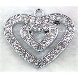 heart Pendants, rhinestone, alloy, platinum plated, 41mm wide [FDPDMM08]