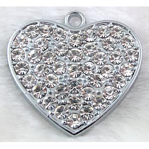 heart Pendants, rhinestone, alloy, platinum plated, 38mm wide [FDPDMM10]