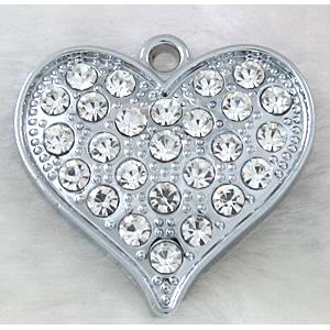 heart Pendants, rhinestone, alloy, platinum plated, 36mm wide [FDPDMM11]