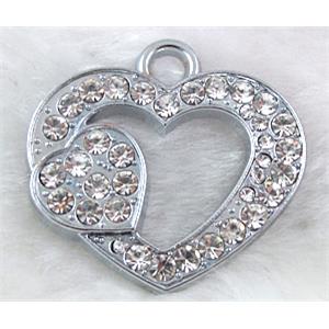 heart Pendants, rhinestone, alloy, platinum plated, 34mm dia [FDPDMM13]
