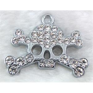 skull Pendants, rhinestone, alloy, platinum plated, 43x35mm [FDPDMM15]