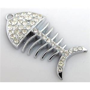 Fish skeleton, alloy pendant with rhinestone, platinum plated, 25x50mm [FDPDMM92]