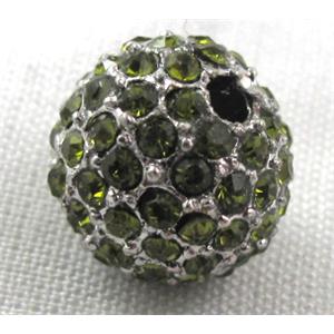 round beads, paved olive rhinestone, alloy, platinum plated, 10mm dia, 2.6mm hole [FDSTY100-10MM]