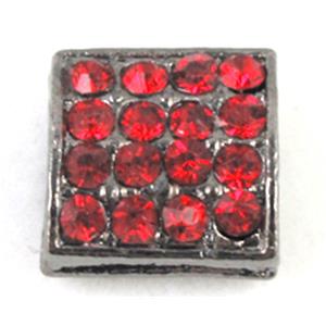 bracelet spacer, alloy bead with red rhinestone, black, 12x12x6mm, 2mm hole [FDSTY115]