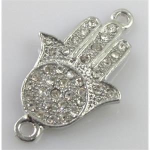 Hamsahand bracelet bar, alloy connector with Rhinestone, platinum plated, 20x33mm [FDSTY120]
