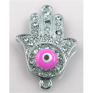 Hamsahand, evil-eye bracelet connector, alloy bead with rhinestone, platinum pla, 22x35mm [FDSTY1239]
