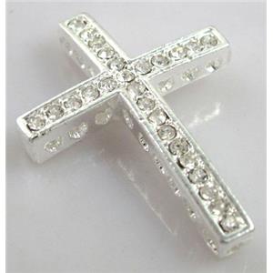 bracelet spacer, alloy cross with rhinestone, silver plated, 25x35mm [FDSTY135]