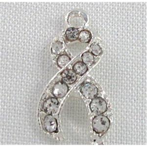 cancer awareness ribbon, alloy pendant with rhinestone, silver plated, 10x18mm [FDSTY1353]