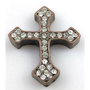 bracelet bar, cross with rhinestone, alloy bead, antique red copper, 30x36mm [FDSTY1362]